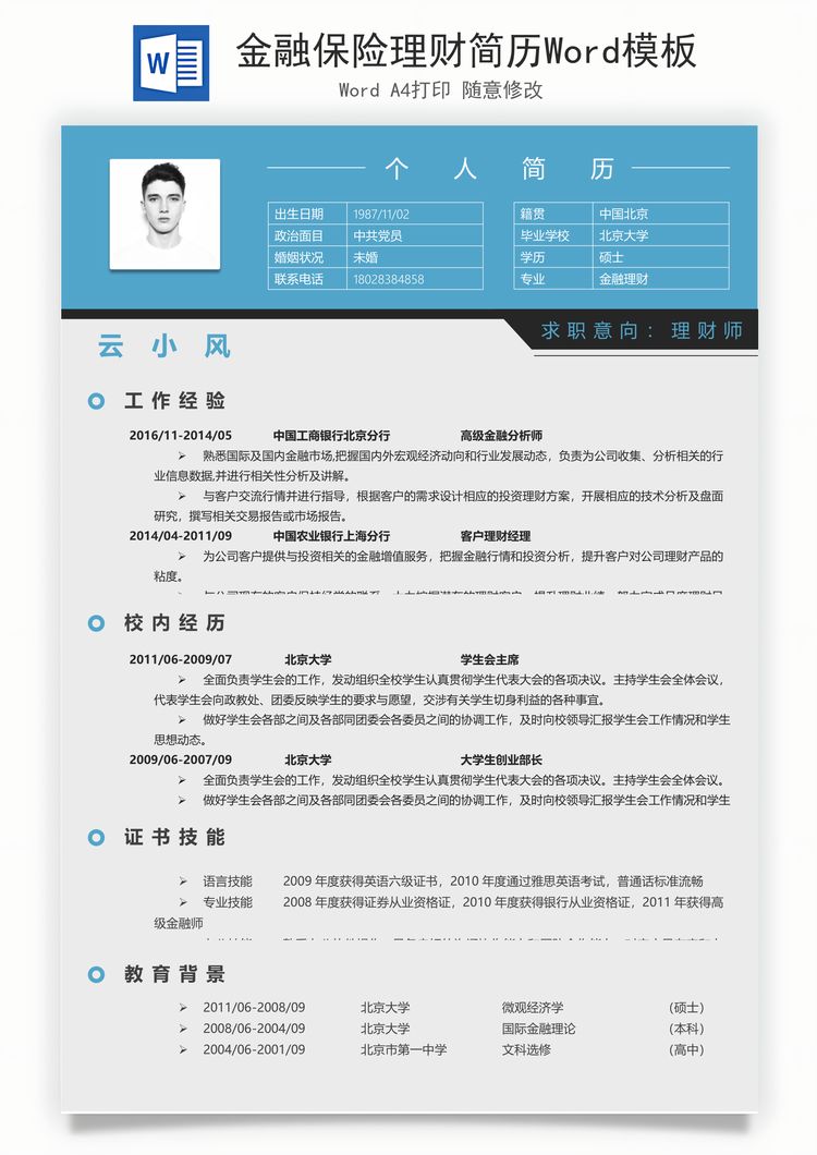 金融保险理财简历Word模板
