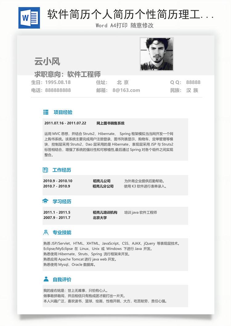 软件简历个人简历个性简历理工简历Word模板