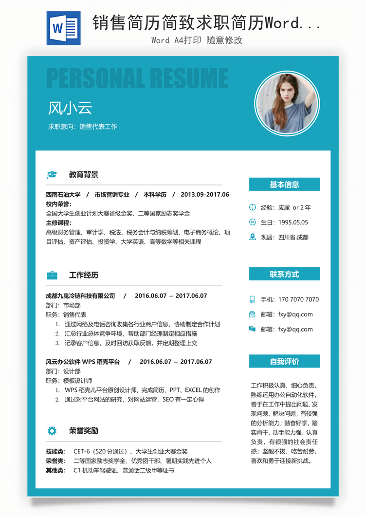 销售简历简致求职简历Word模板