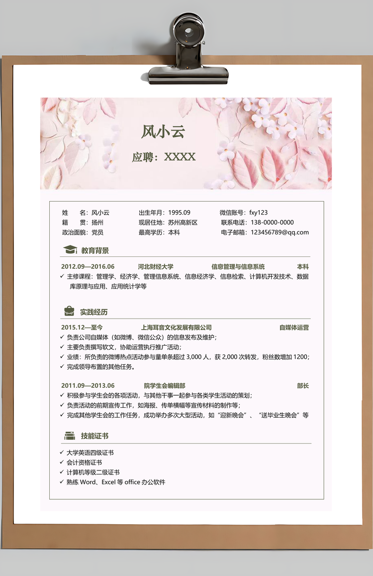 文艺简历粉色简历清新简历求职简历Word模板