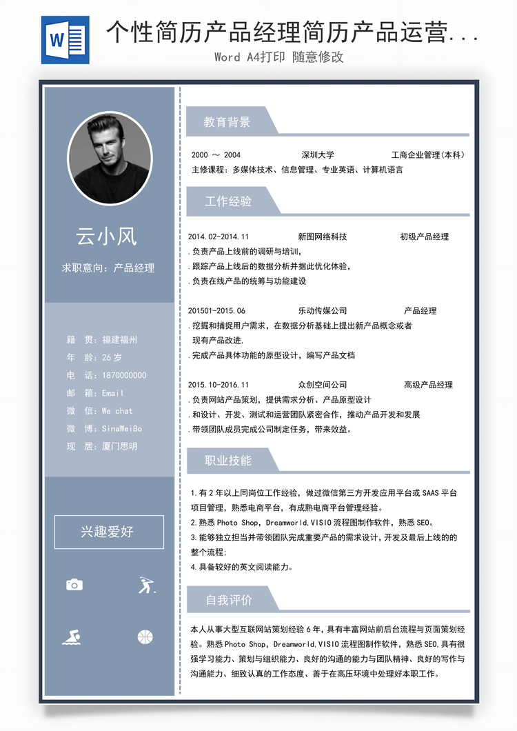 个性简历产品经理简历产品运营热简历Word模板