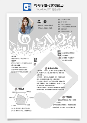 中小学音乐老师音乐符号个性化求职简历Word模板