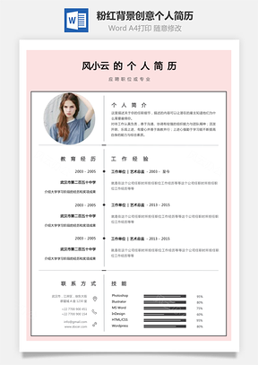 女性化简历粉红背景创意个人简历Word模板