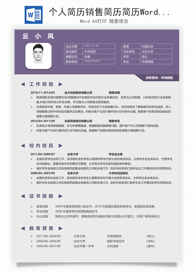 个人简历销售简历简历Word模板