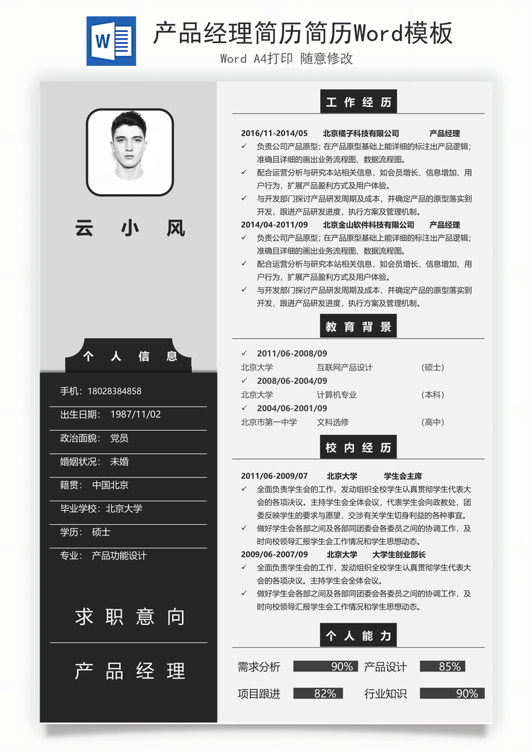 产品经理简历简历Word模板