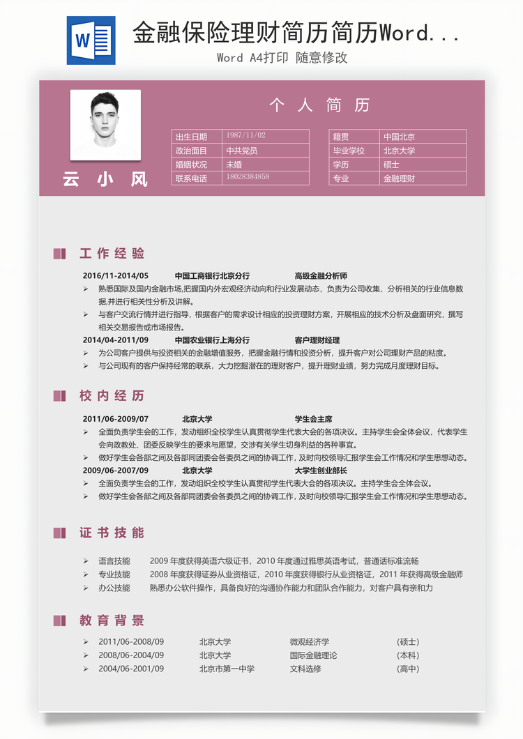 金融保险理财简历简历Word模板