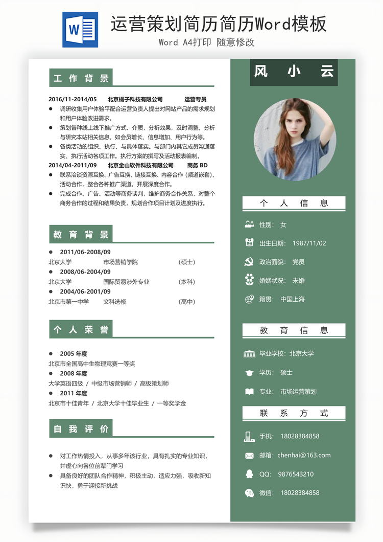 运营策划简历简历Word模板