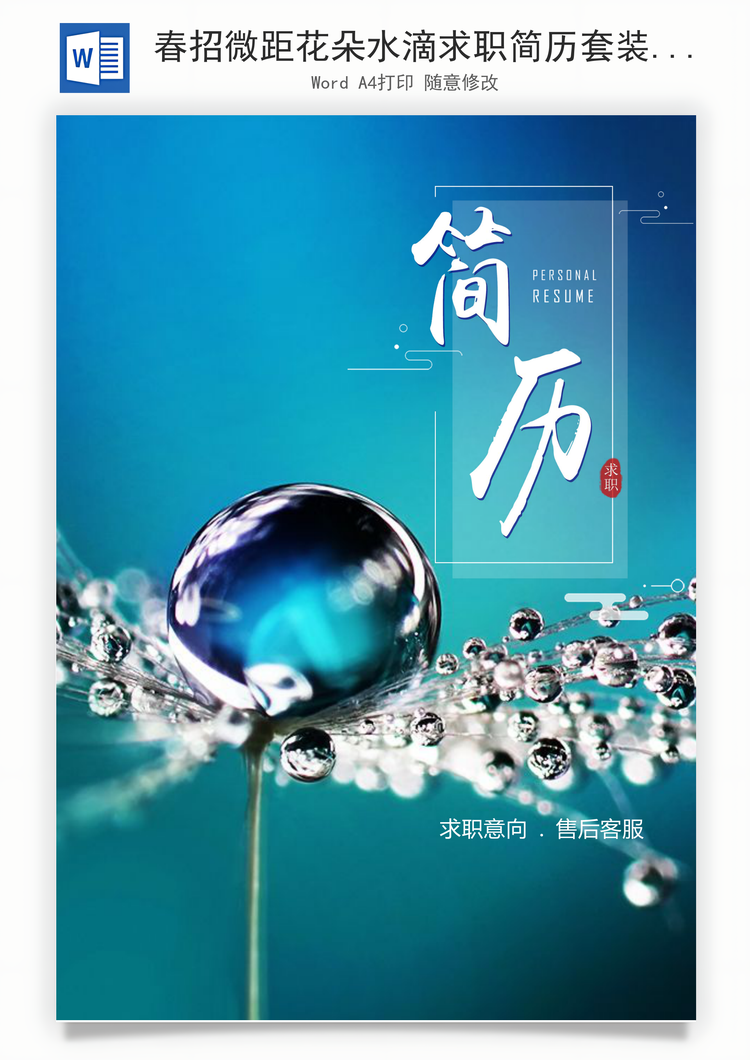 春招微距花朵水滴求职简历套装Word模板