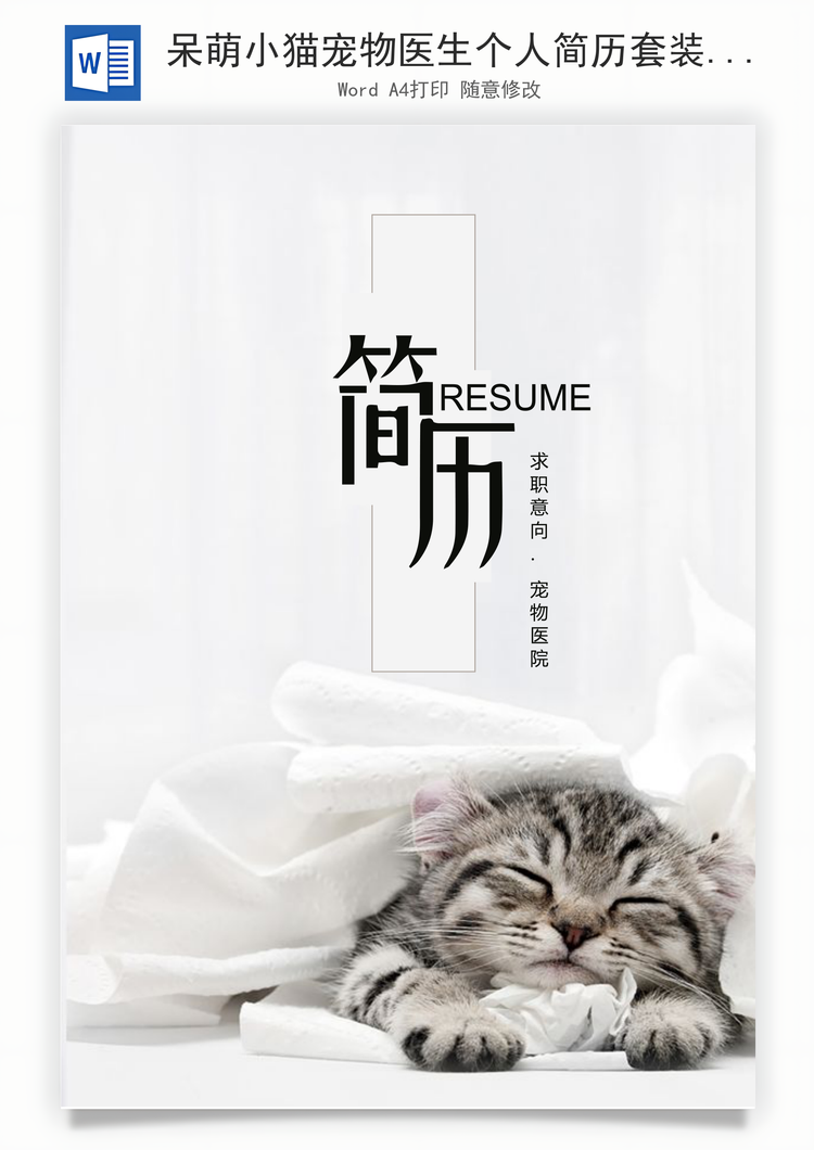 呆萌小猫宠物医生个人简历套装Word模板
