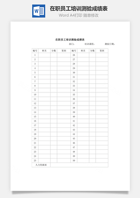 在职员工培训测验成绩表Word模板
