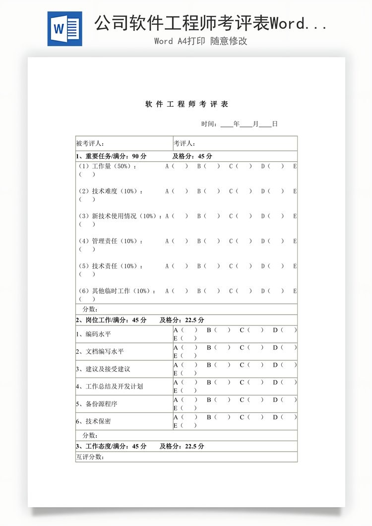 公司软件工程师考评表Word模板