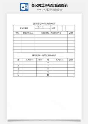 会议决定事项实施管理表Word模板