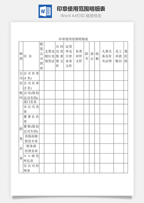 印章使用范围明细表Word模板