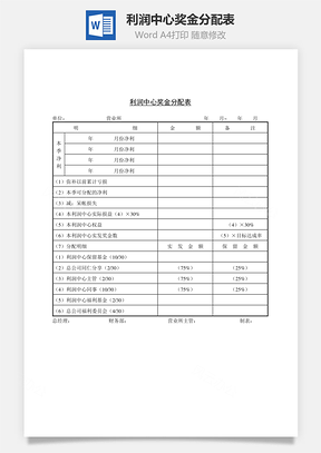 利润中心奖金分配表Word模板