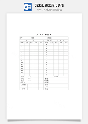 员工出勤工薪记算表Word文档