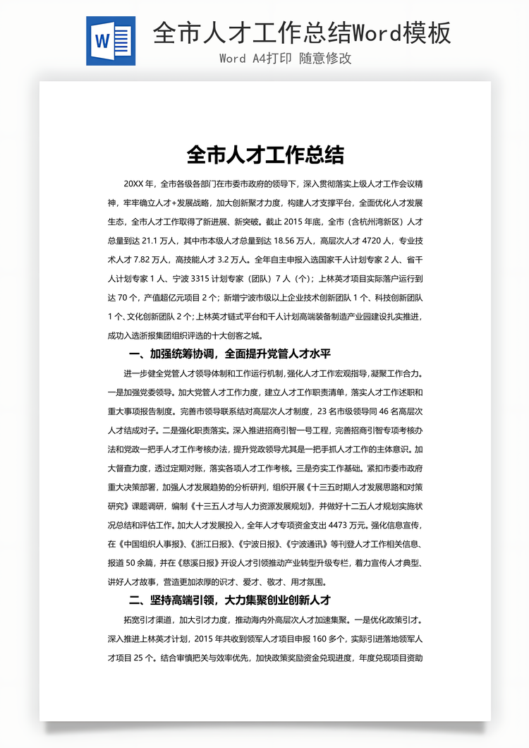 全市人才工作总结Word模板
