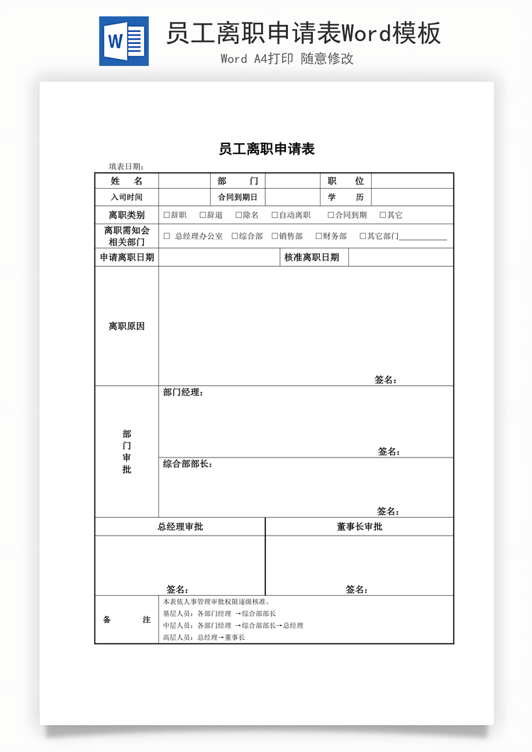 员工离职申请表Word模板
