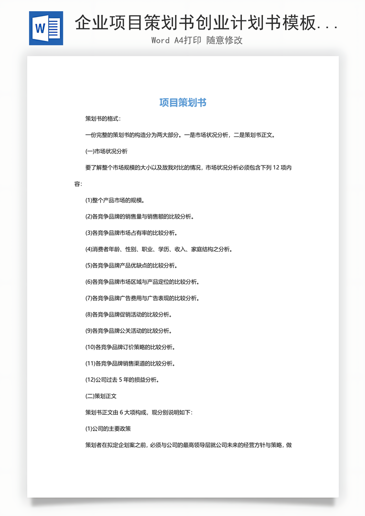 企业项目策划书创业计划书模板Word模板