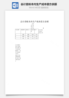 会计查帐本内生产成本借方余额Word模板