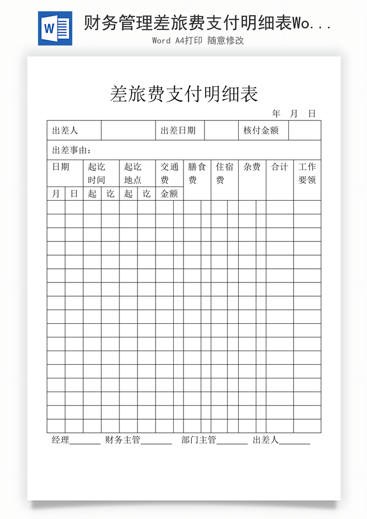 财务管理差旅费支付明细表Word模板