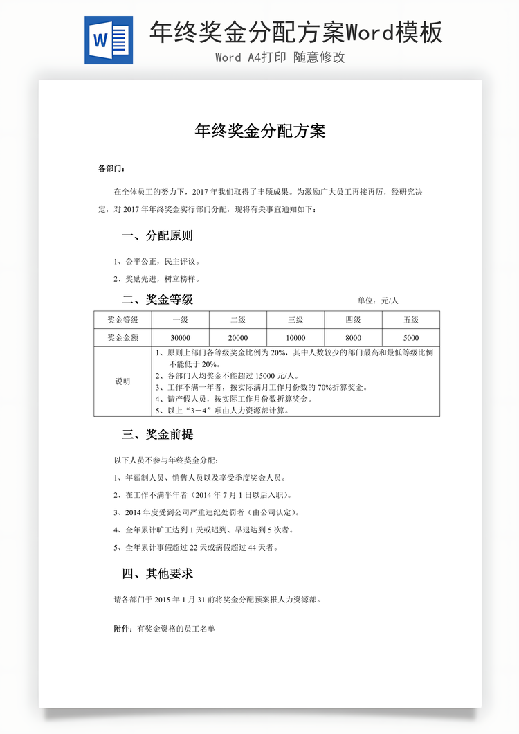年终奖金分配方案Word模板