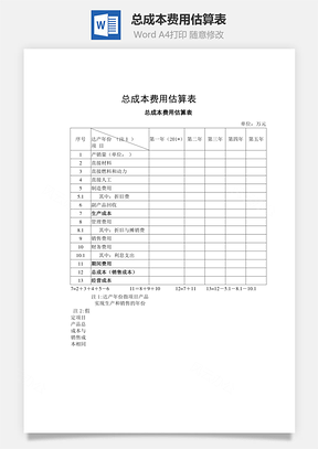 总成本费用估算表word文档