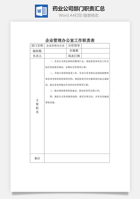 药业公司部门职责汇总Word模板