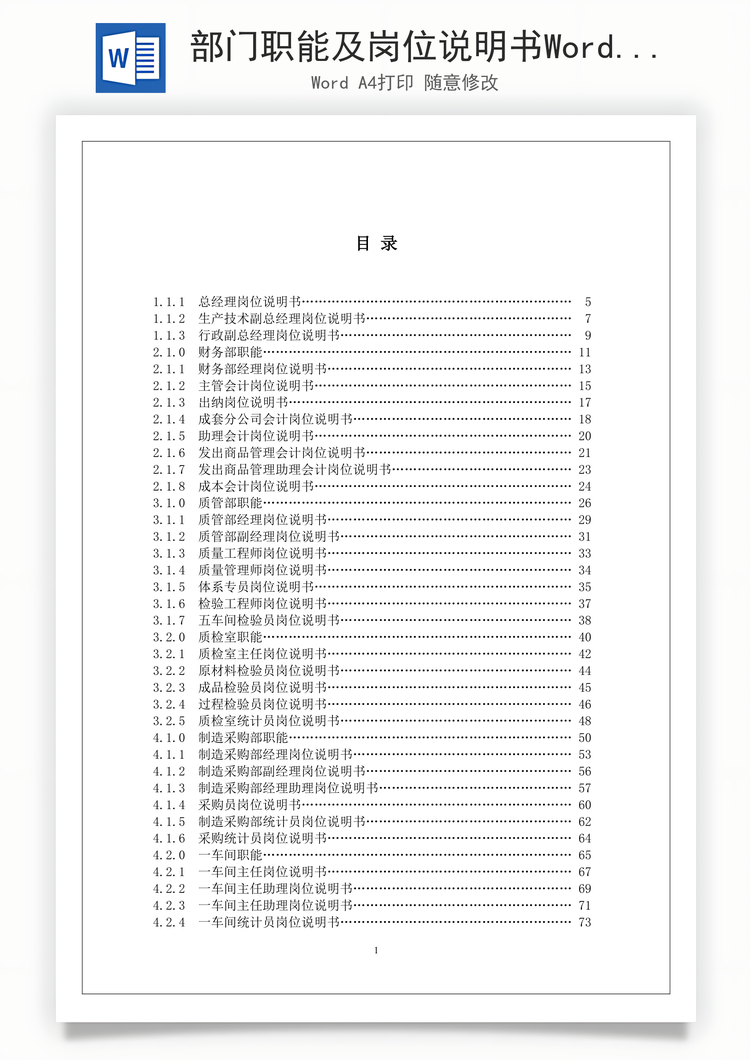 部门职能及岗位说明书Word模板