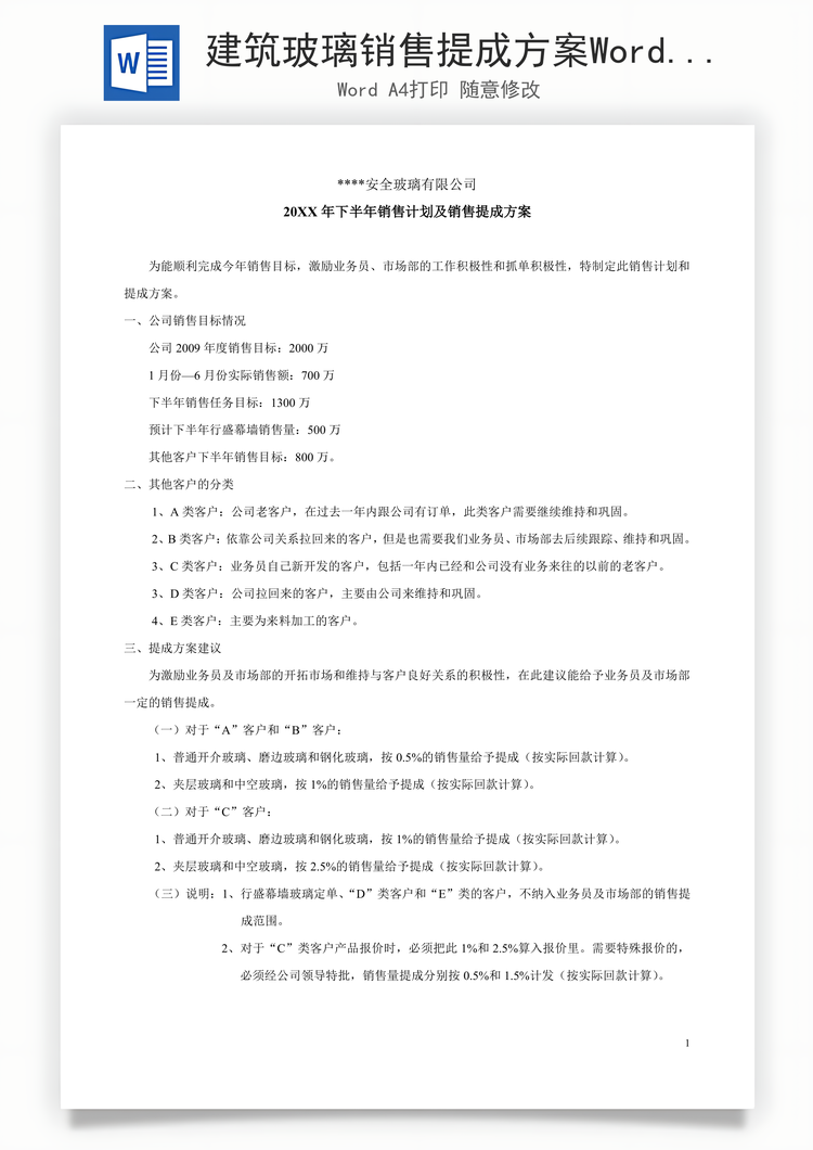 建筑玻璃销售提成方案Word模板