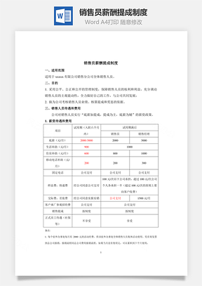 销售员薪酬提成制度Word模板