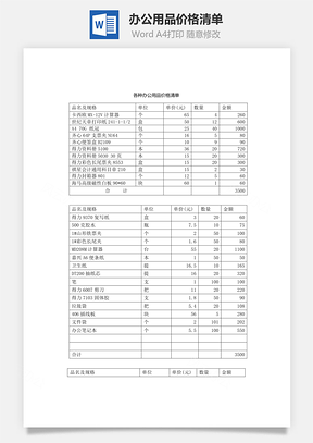 办公用品价格清单Word模板