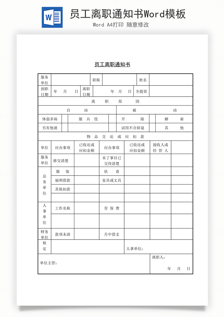 员工离职通知书Word模板