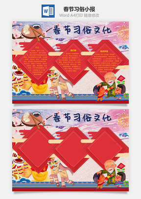 春节习俗文化压岁钱手抄报Word模板