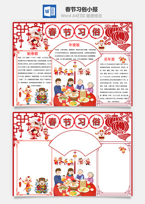 剪纸版春节习俗手抄报Word模板