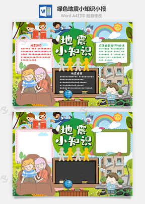 绿色卡通地震小知识手抄报Word模板