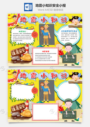 黄色卡通地震小知识安全手抄报Word模板