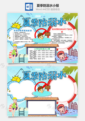 蓝色夏季防溺水小报word手抄报