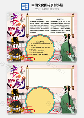 中国文化国粹京剧小报手抄报Word模板