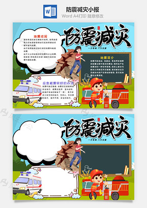卡通防震减灾小报手抄报Word模板