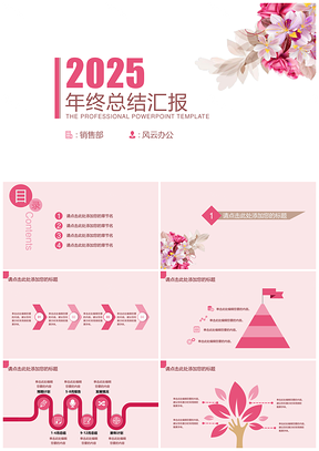 2025年终总结小清新粉色调文艺气质简洁大方秀气PPT模板