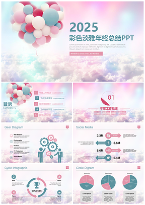 2025粉色唯美云朵商务汇报通用PPT模板
