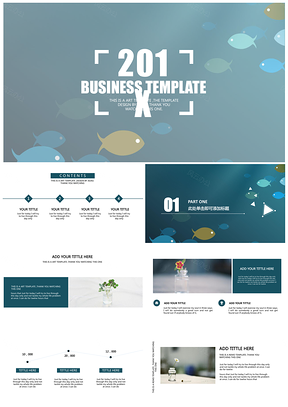 清新蓝色鱼群手绘通用PPT模板