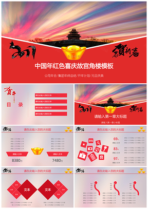 中国年红色喜庆故宫角楼PPT模板