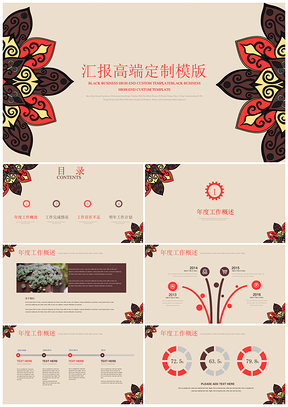 红色复古花创新年终总结商业计划书高端定制通用PPT模板