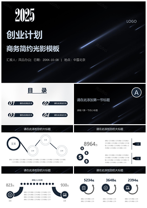 2025黑色创业计划商务简约光影PPT模板