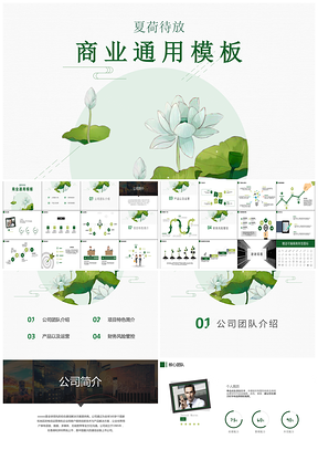 清新绿色夏荷待放商业总结通用PPT模板