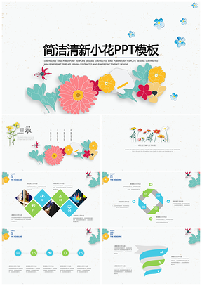 彩色小花插画风小清新女生通用总结PPT模板