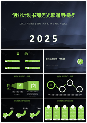 2025黑色创业计划书商务光照PPT模板