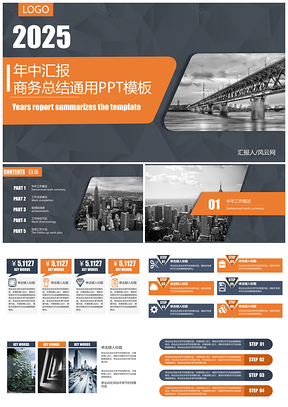 2025经典橙色灰色搭配年中汇报总结PPT模板