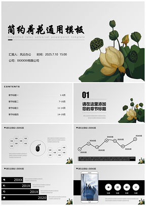 2025灰色简约小清新荷花通用总结PPT模板